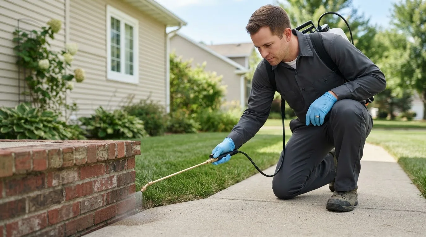 Pest control technician treating a home near Wishon, CA