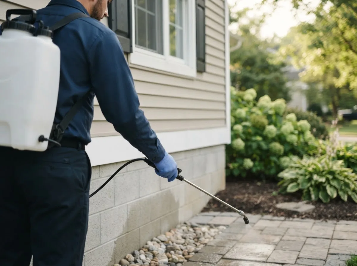 Pest control technician inspecting a home in Wishon, CA